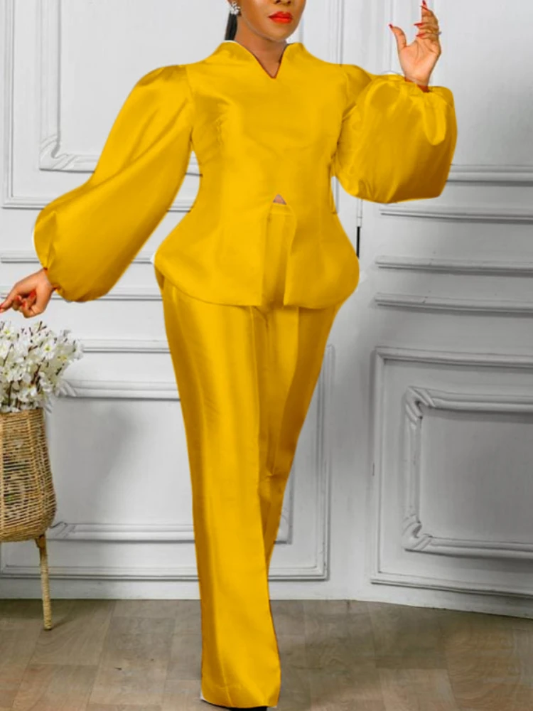 

Комплект из двух предметов для женщин, узкие элегантные офисные брюки с длинными рукавами-фонариками и широкими штанинами, модные костюмы ж...