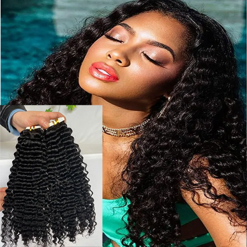 Curly Hair Extensions Tape in Human Hair Deep Wave Tape on Hair Extensions Natural Black Adhesive Invisible Tape Hair Waterproof