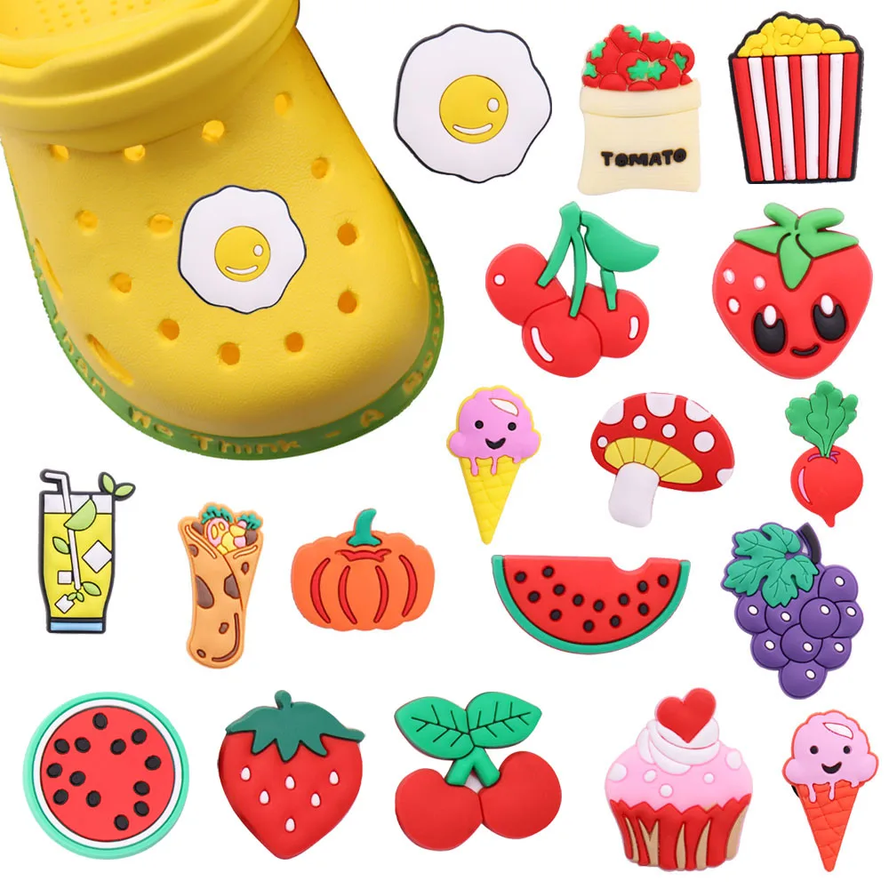 

Оптовая продажа, 50 шт., подвески из ПВХ в виде крокса Jibz, попкорна, гриба, яичницы, вишни, клубники, тыквы, моркови, попкорна, браслеты, рюкзак