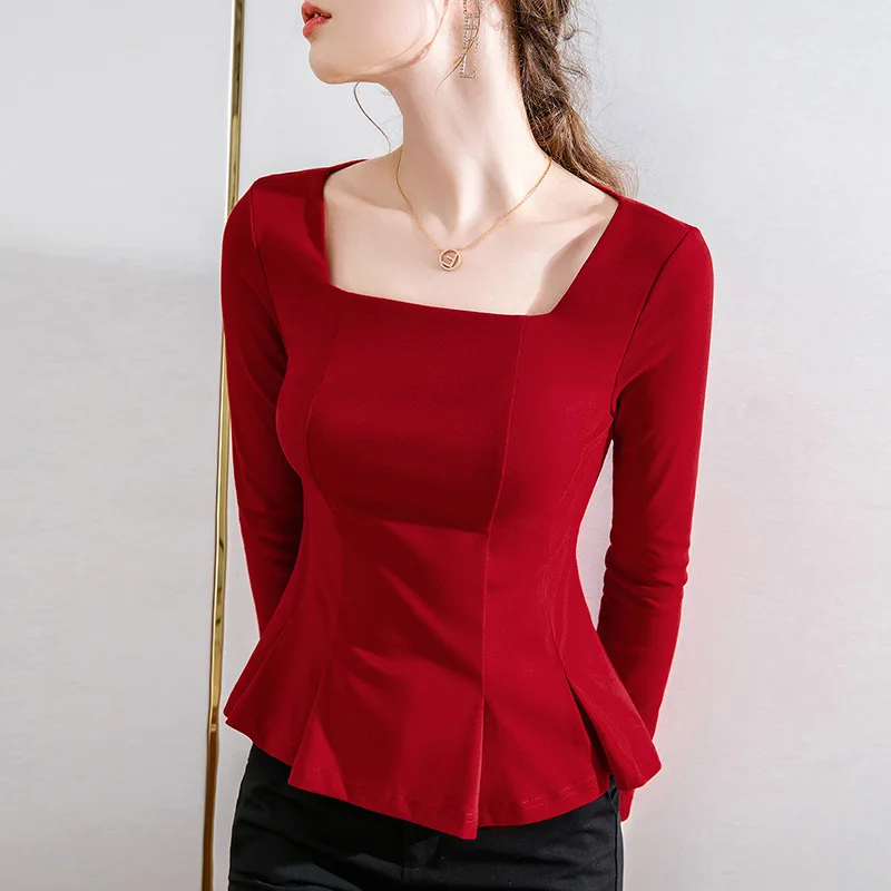 

Long sleeve t-shirt women's 2021 new pleated waist top GRAY22