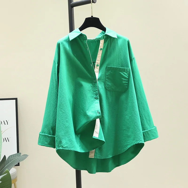 

SuperAen Green Single-pocket Cotton Shirt Women's Casual Loose All Match Full Blouse Spring 2022