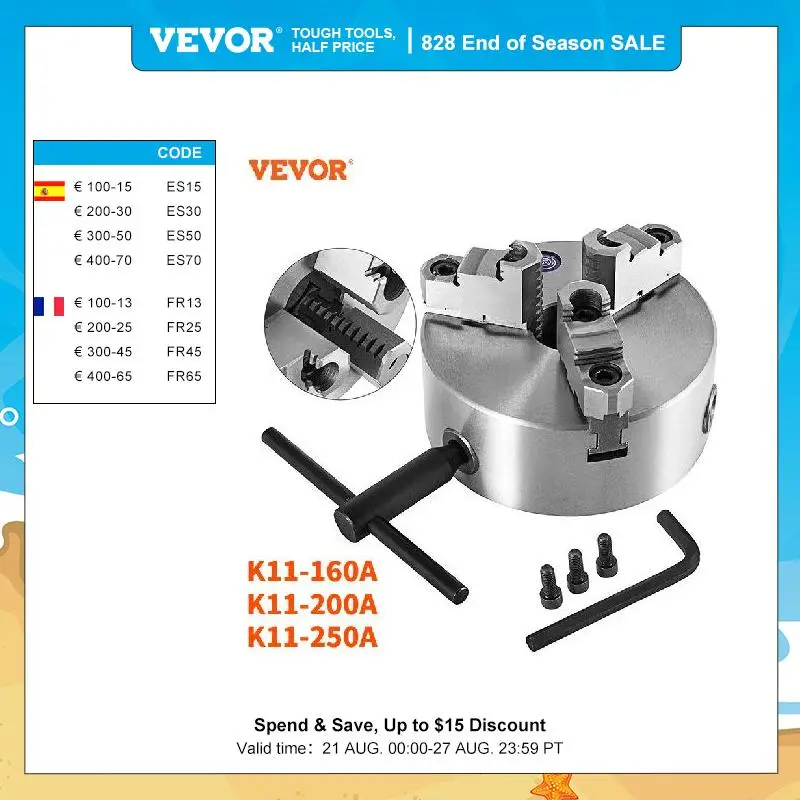 VEVOR Lathe Chuck K11-160A K11-200A K11-250A 3-Jaw Self-Cent