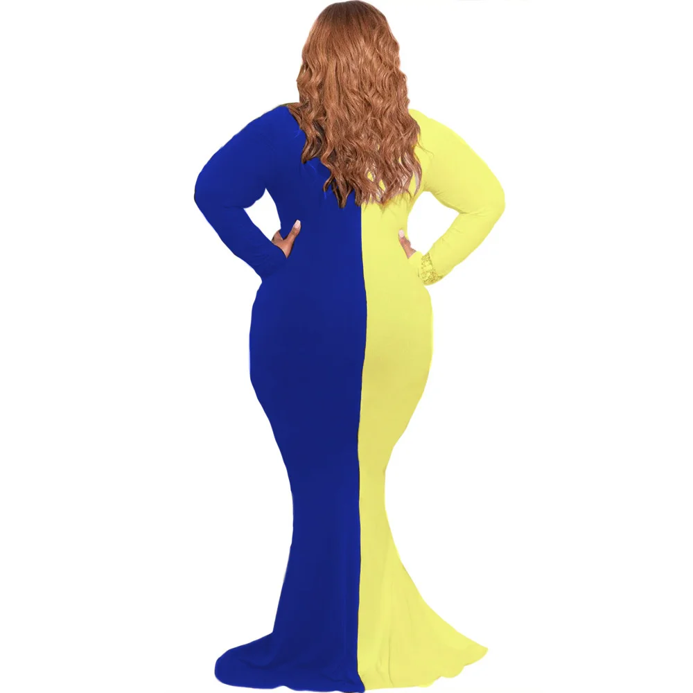 Plus Size Women's Slim Sexy v Neck Long Sleeves Color Blocking Floor Length Casual Dresses Wholesal 3xl 4xl 5xl 6xl