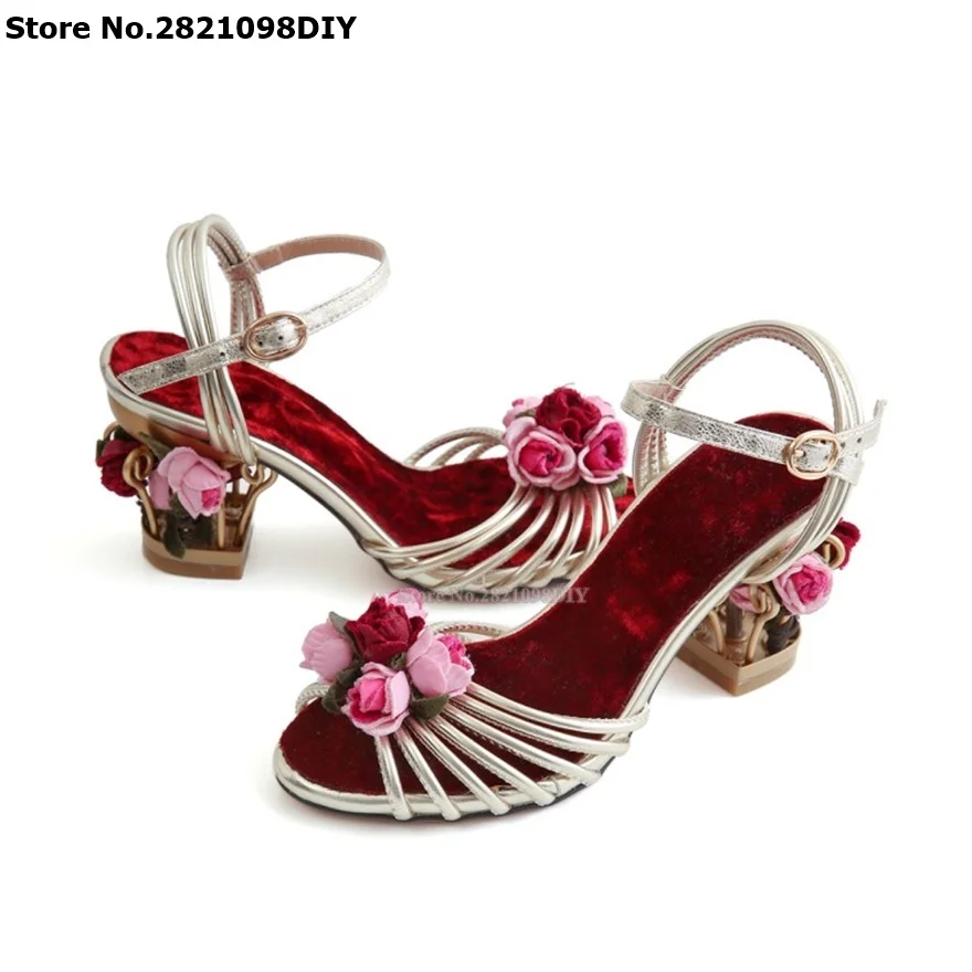 

Embellished Fretwork Heeled Women Mid Heel Sandals Narrow Strap Flower Decor Prom Party Pumps 5Cm Bird Cage High Heels Sandalias