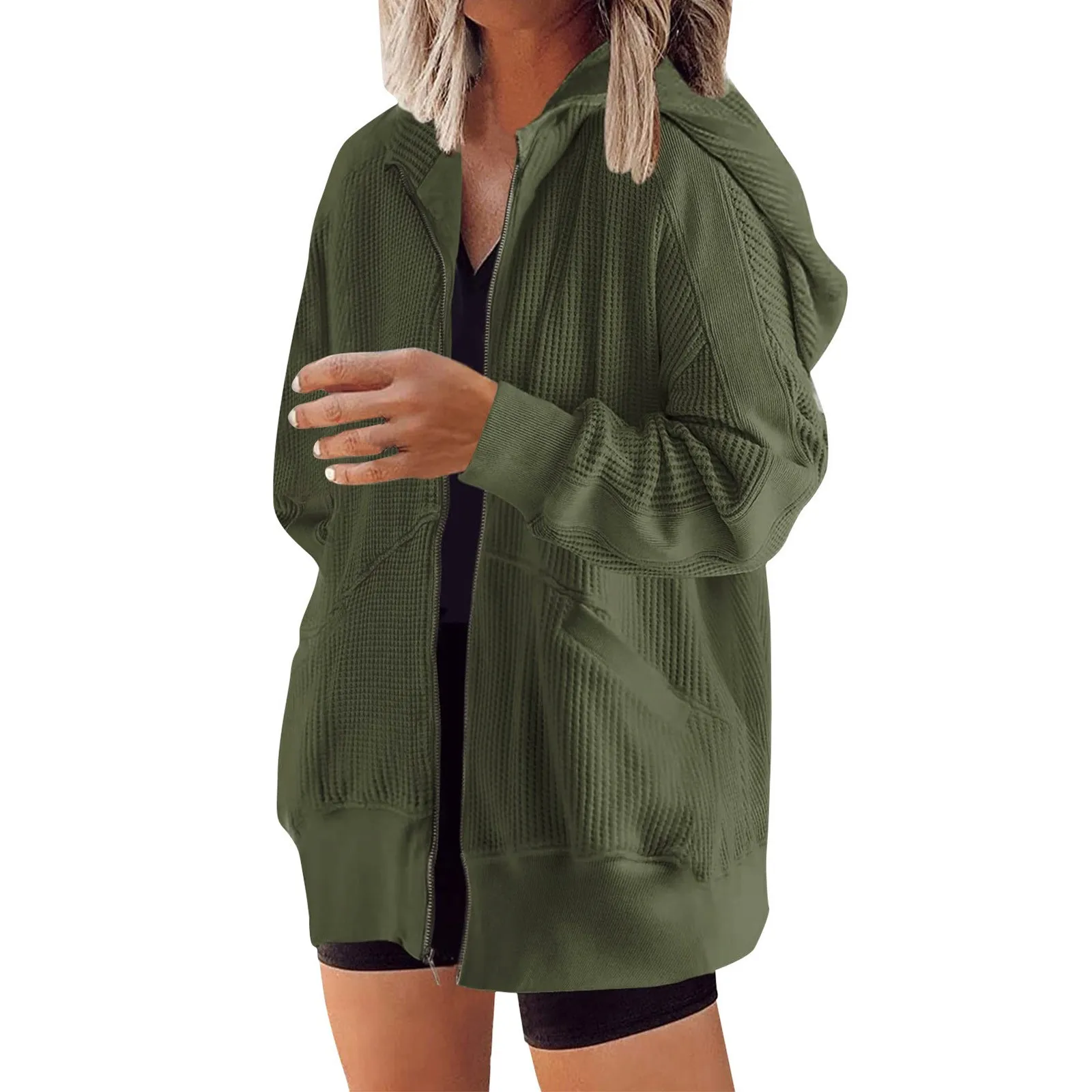 

Women Casual Solid Zipper Long Sleeve Pocket Loose Hooded Jacket Coat