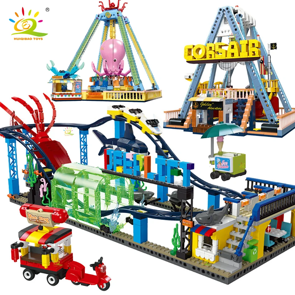 

HUIQIBAO City Friends Amusement Park Playground Building Blocks Creative Roller Coaster Corsair Ship Machine Model Children Toys