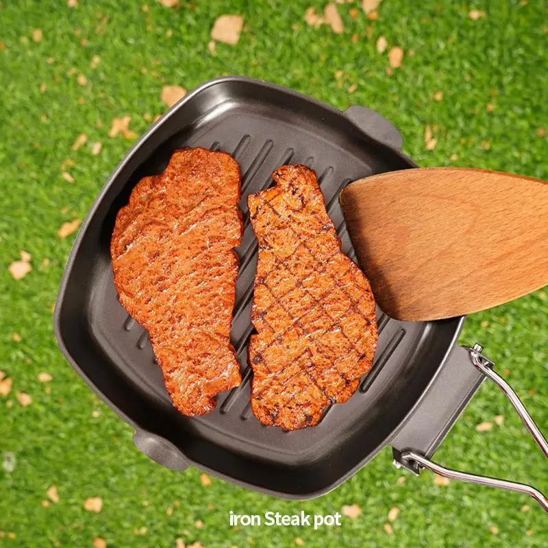 

1Pc Outdoor Barbecue Baking Pan Picnic Foldable Portable Frying Pan Cast Iron Pan Baking Pan Scald-Proof Wooden Handle Steak Pot