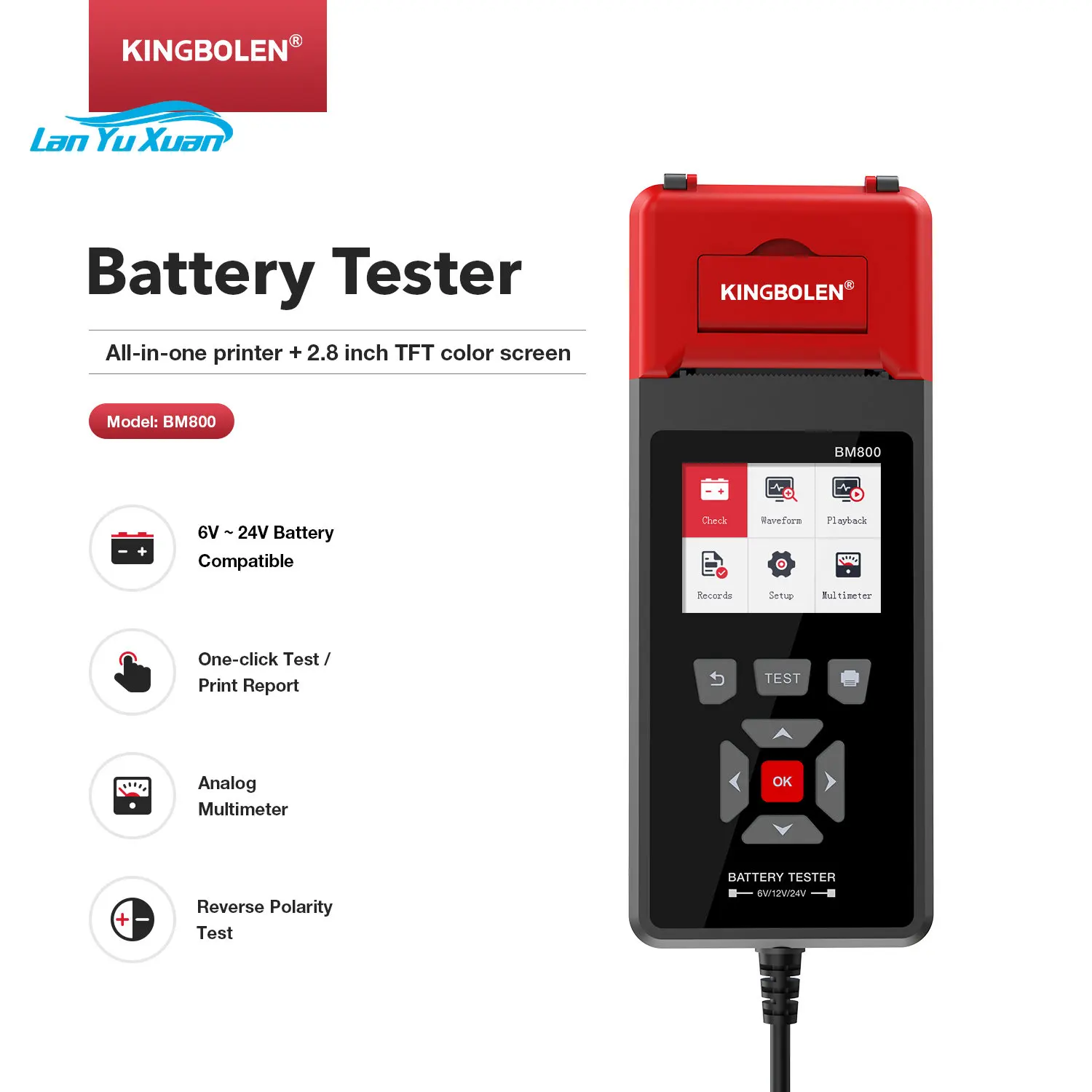 

BM800 Car Battery Tester with Printer 6V 12V 24V Battery Analyzer Cranking Test & Charging Test & Max Load Test