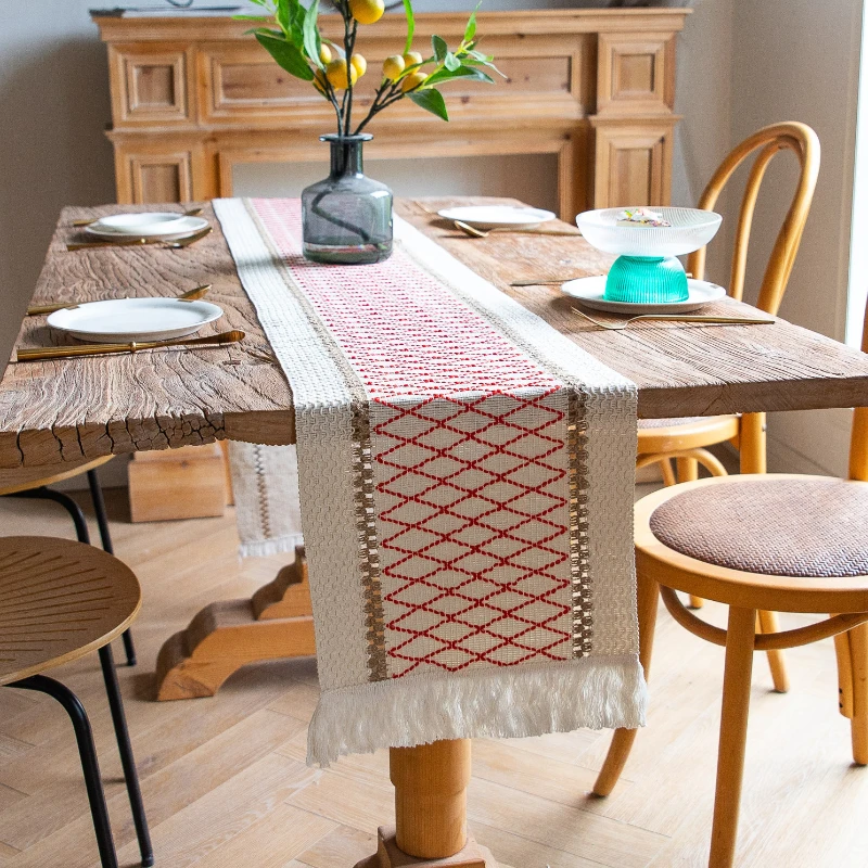

Table Runners with Handmade Tassel Vintage Woven Cotton Linen Table Runner Long for Wedding Dining Table Home Party Decoration