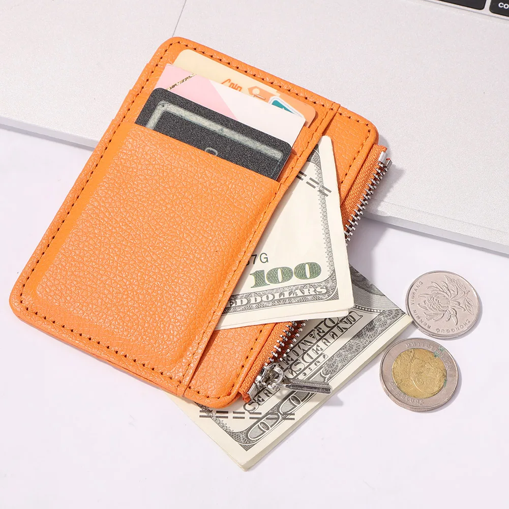 

Money Wallet Vintage Simple PU Leather Coin Purse Zipper Solid Color Litchi Pattern Business Women Men Top Quality Card Holder