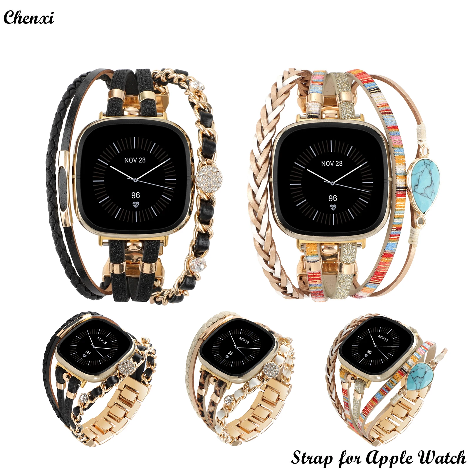 Woven Strap for Fitbit Versa3 watch band Fashion ornament chain bracelet for versa 3/4 stone band women's gentle wrist