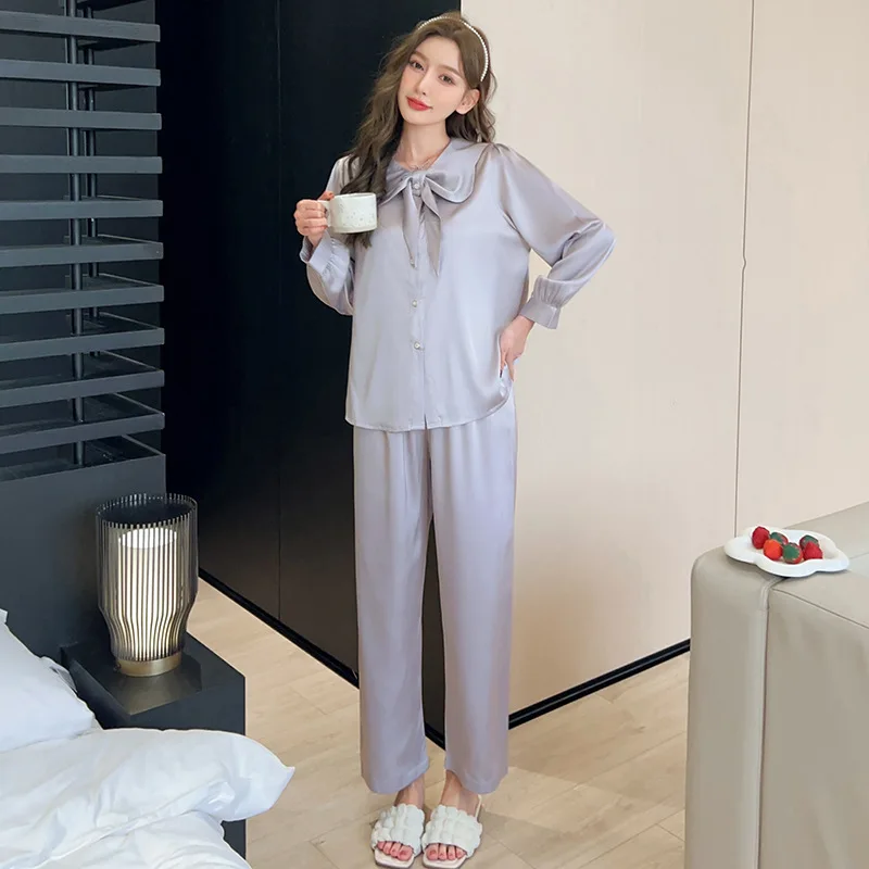 2023 Spring and Autumn New Women's Ice Silk Pajamas Solid Color Bow Long Sleeve Trousers Suit Homewear