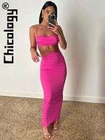 chicology 2022 women 2 pieces skirt set halter lace up crop top ruched bodycon midi dress sexy vacation party club streetwear