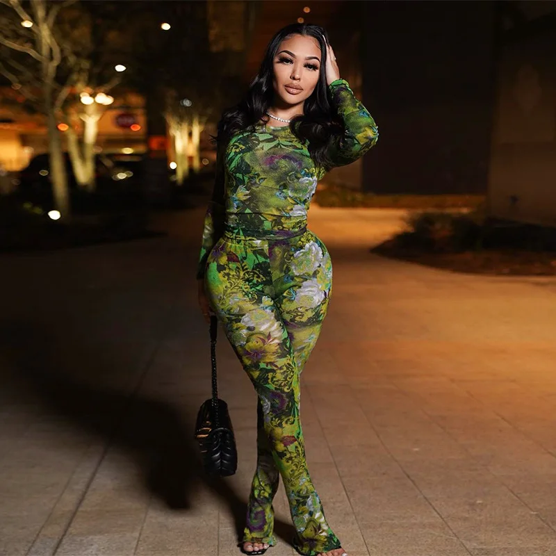 

Mesh Flower Print Two Piece Set Women Stunning Fashion Long Sleeve O Neck T-shirt High Waist Flare Pants Suit Female Streetwear