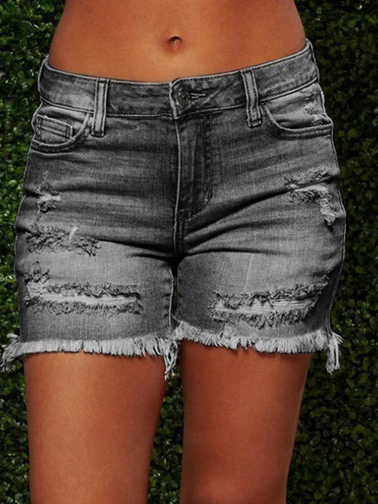 New Deep Color Tassels Shorts Fashion High Street Women's Jeans 2023 Trend With Holes Retro Showing Thin Slim Denim Shorts