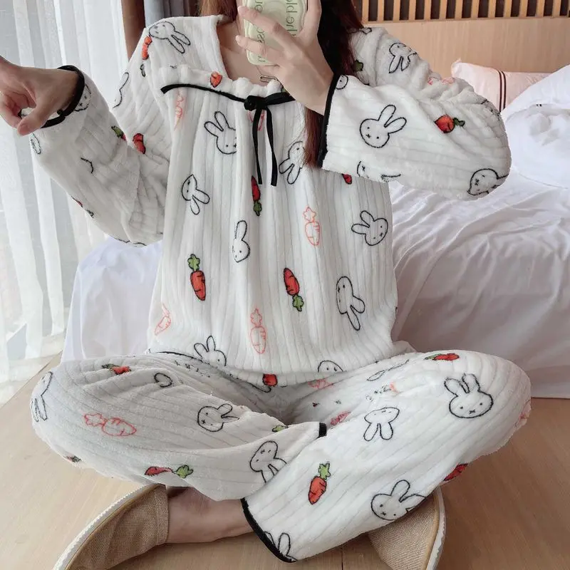 Spring Autumn Winter Pajamas Women's Coral Fleece Thickening and Fleece Ladies Pajamas Sweet and Cute Flannel Homewear Set