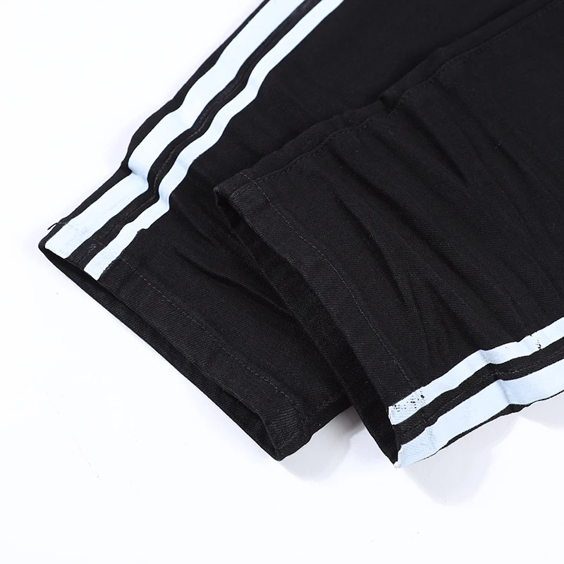 AM Korean Designer Men's Jeans High Street Black Straight Barrel White Edge Stripes Pants Spring Fashion Skinny Denim Trousers