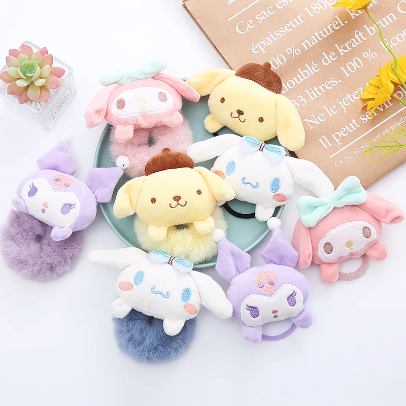 

Плюшевая лента для волос Kawaii Sanrio Kuromi Cinnamoroll Melody Plushie, мягкая мультяшная лента для волос, аксессуары для конского хвоста, подарки, игрушки для ...