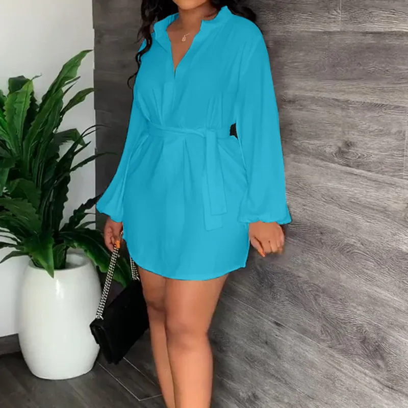 

Ins Women Elegant V Neck Lace Up Shirt Dress Fashion Casual Long Puff Sleeve Loose Mini Dress Streetwear