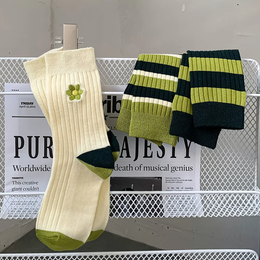 6 Pairs Women Sock Cotton for Autumn Thin Fashion Design 2022 New Arrival Hot Sale Green