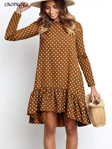 Women Autumn Dress Fashion Polka Dot Chiffon Dress Long Sleeve O Neck Ruffle Female Casual Yellow Dress 2022 Retro Vestido Mujer