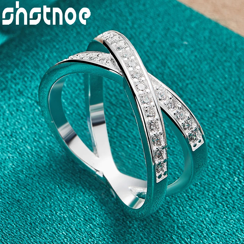 

SHSTONE Kpop 925 Sterling Silver Inlay AAA Zircon Two Circle Intersections Ring For Women Charm Jewelry Bridal Wedding Bands