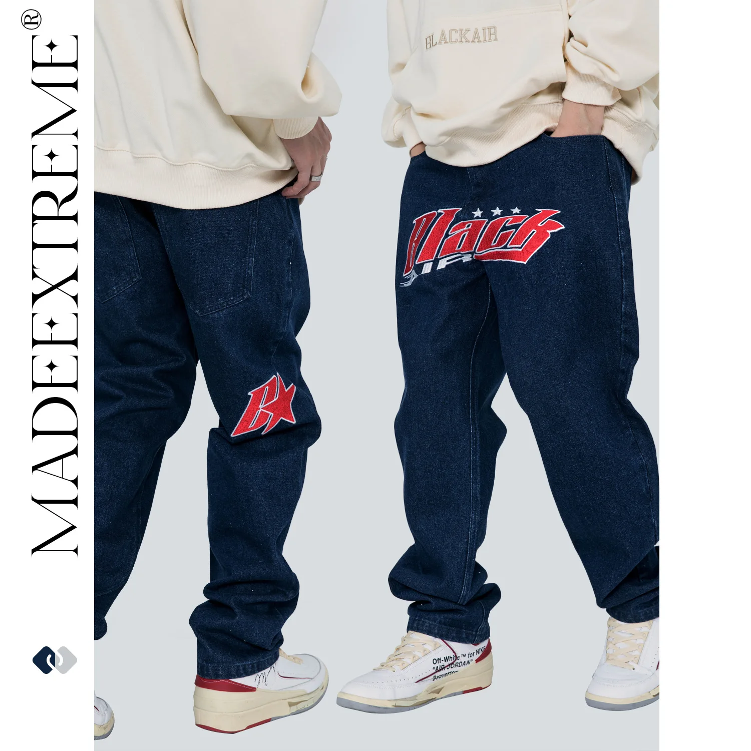 BLACKAIR street wear hip hop letter embroidery loose straight leg jeans men high street baggy jeans boyfriend style women jeans