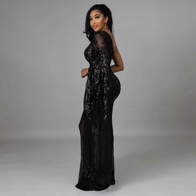 Sparkly Sequin Evening Sexy Dresses Women Long Sleeve One Shoulder Sheer Mesh Maxi Bodycon Dress Wedding Night Club Party Dress