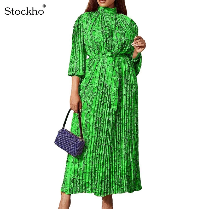 

Women's Summer Chiffon Dress Fashion Snakeskin Pattern European Plus Size Pleated Dress Women's Casual Belt Bottoming Shirt