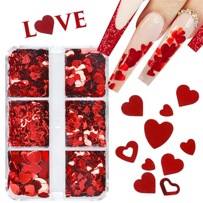 

6 Grids Mixed Love Hearts Nails Sequins Valentines Decoration Red Carved Glitter Flakes For Gel Polish Nail Supplies Accesories