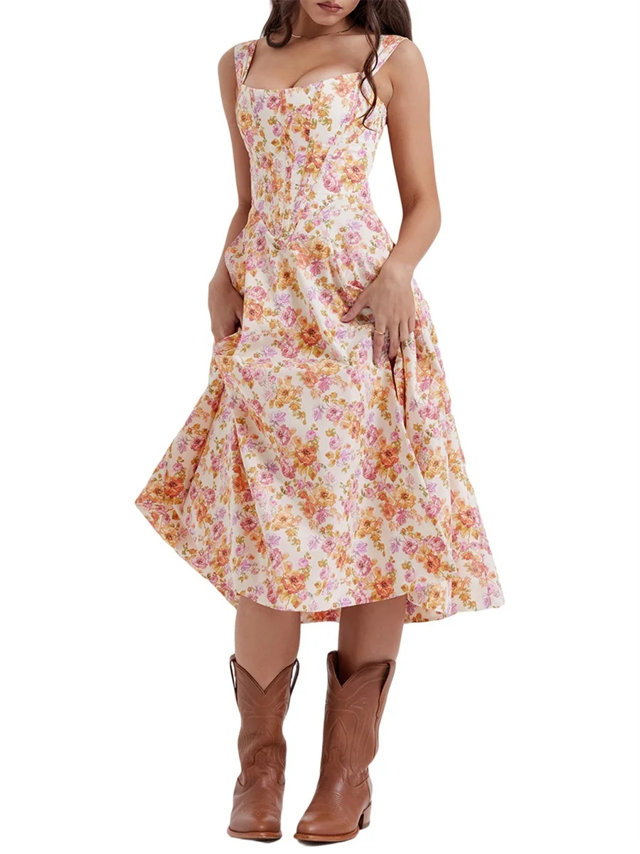 

Women Sleeveless Sling Dress Floral Backless Tie-up Slit Midi Dress for Party