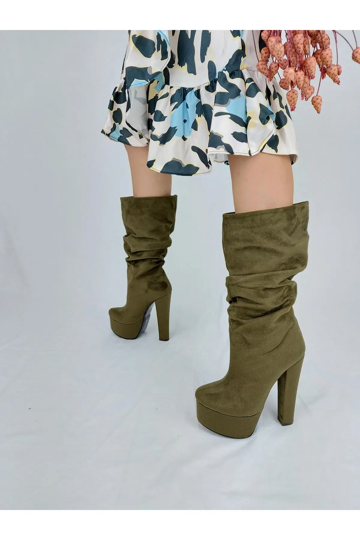 

Women's Fashion Handmade Special Green Suede bellow Knee High Heels Boots