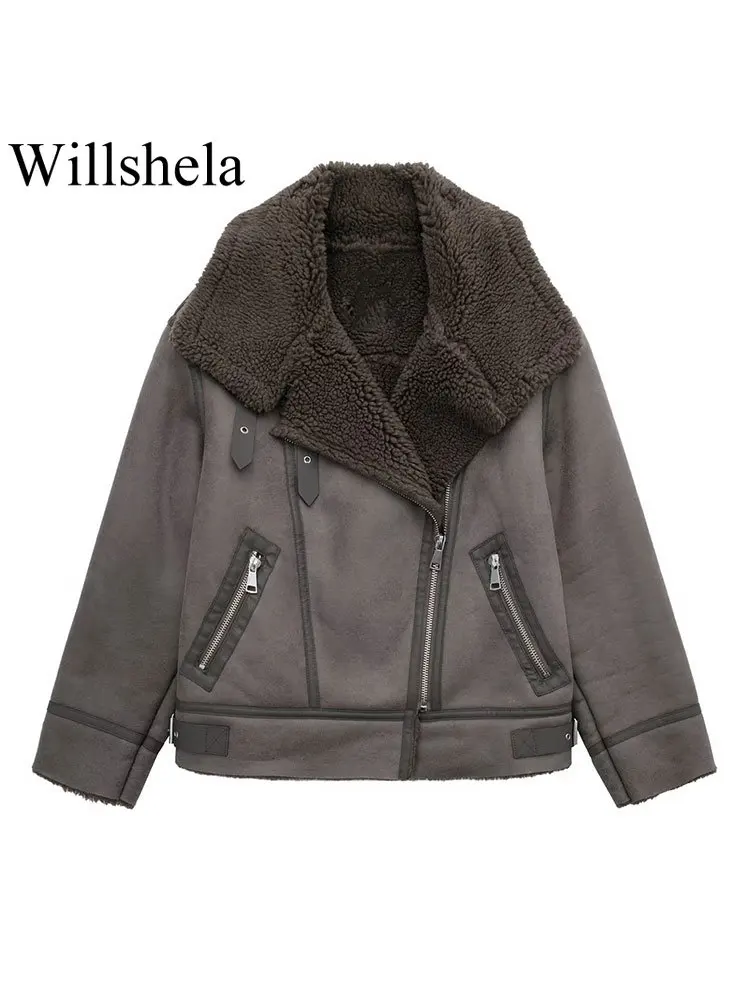 

Willshela Women Fashion Double Sided Jacket Coat With Pockets Vintage Lapel Neck Front Zipper Long Sleeves Female Chic Outfits