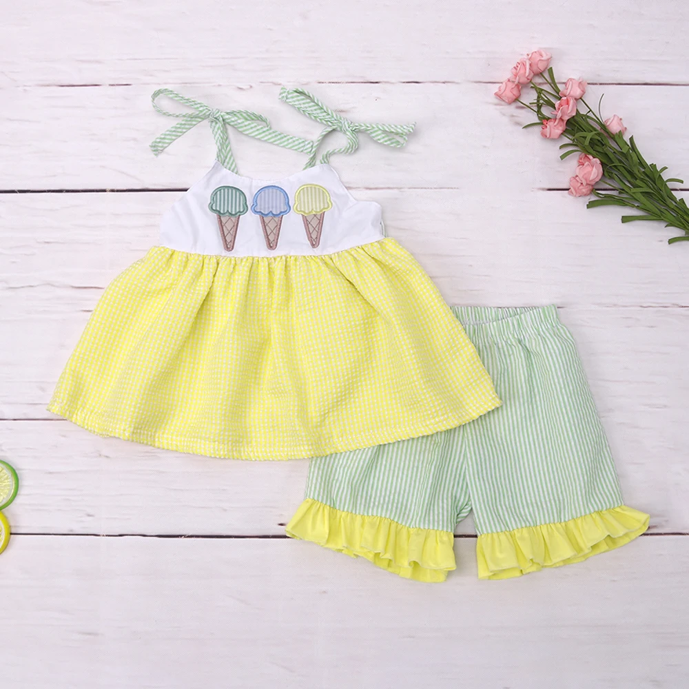 

1-8T Summer Girl Pants Set Yellow Top Green Shorts 2pcs Suit Half Sleeve Outfit With Pattern Ice-cream Embroidery Boutique Wears