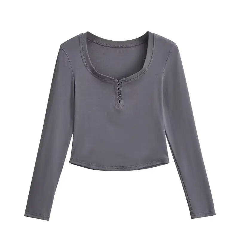 Кроп-Топ женский с длинным рукавом на пуговицах черного цвета