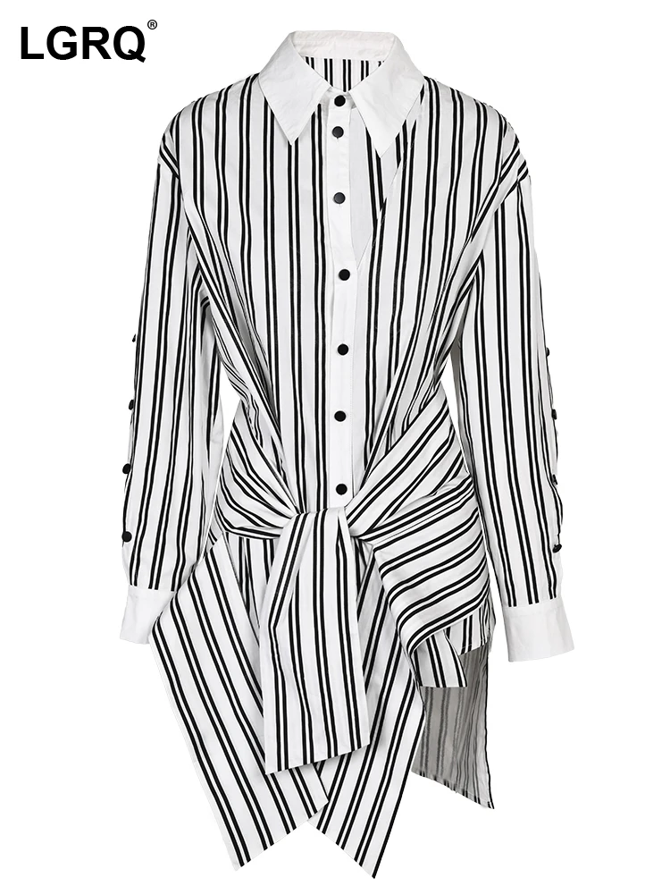 

Высококачественная Элегантная модная женская рубашка LGRQ с отворотом свободная Однослойная бандажная Асимметричная блузка с рукавами-брасетом 2023 модная 7AB002