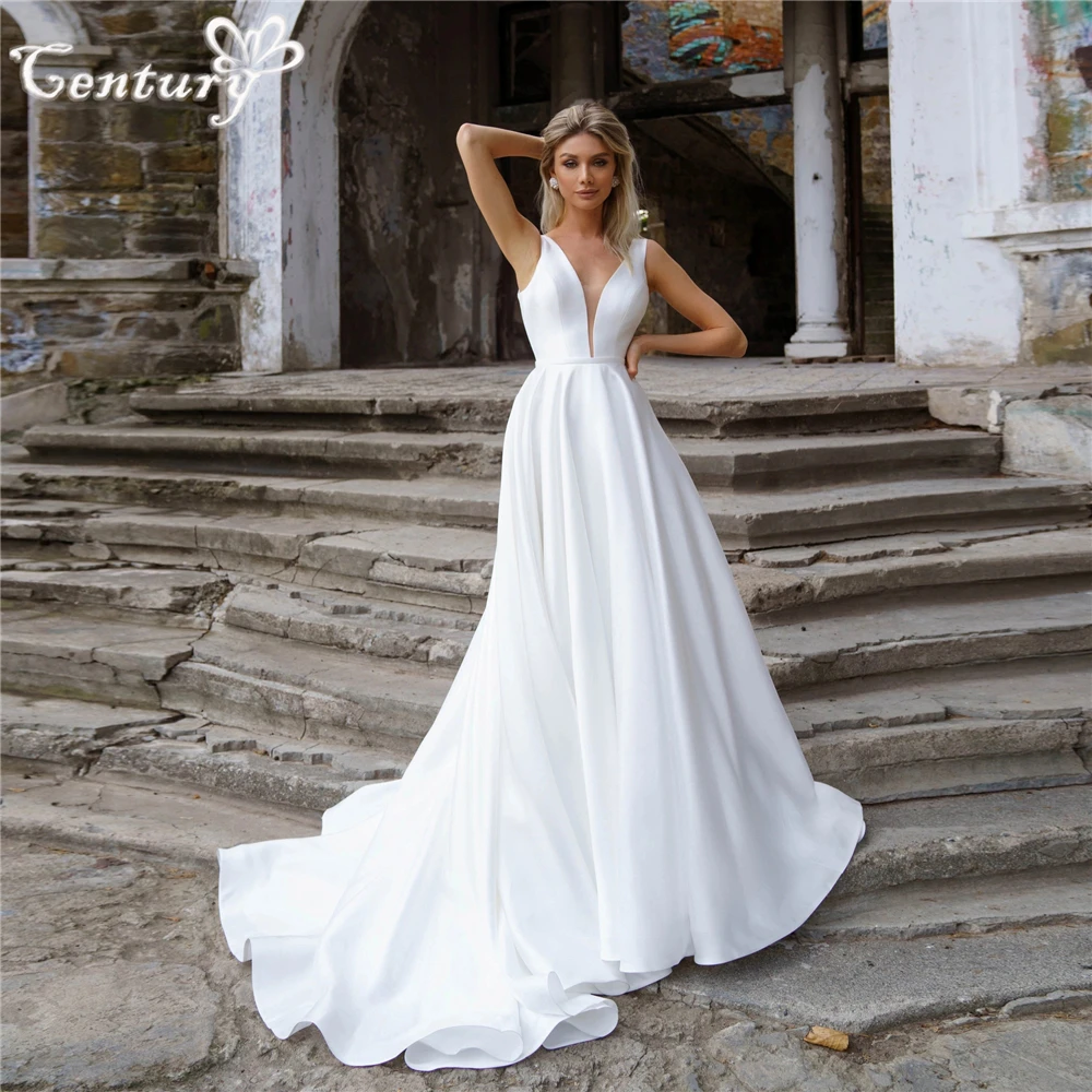 

Satin Wedding Dress for Women 2023 Bride V-Neck Backless A-Line Simple Bridal Gowns vestidos de novia robe de mariee