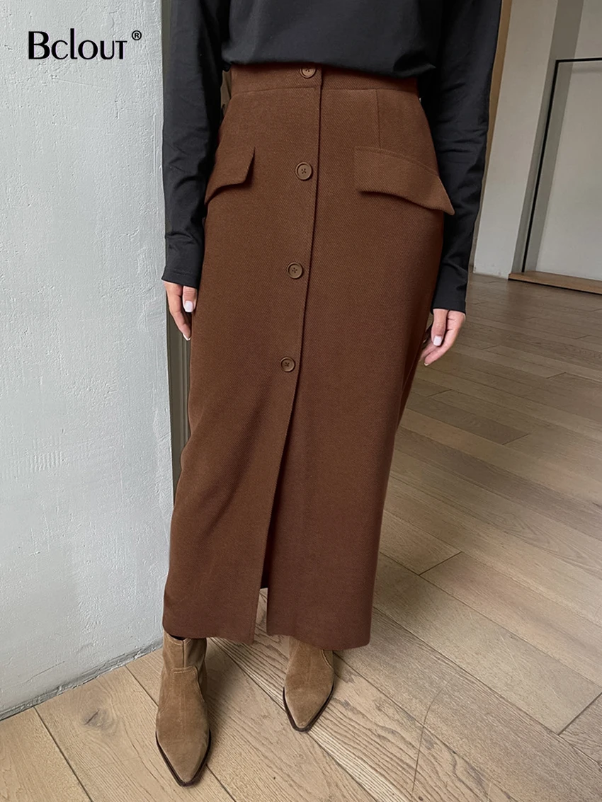 

Осенние коричневые длинные юбки Bclout, женские элегантные однотонные офисные юбки средней длины на пуговицах с разрезом, модные привлекательные прямые юбки вечерние 2023
