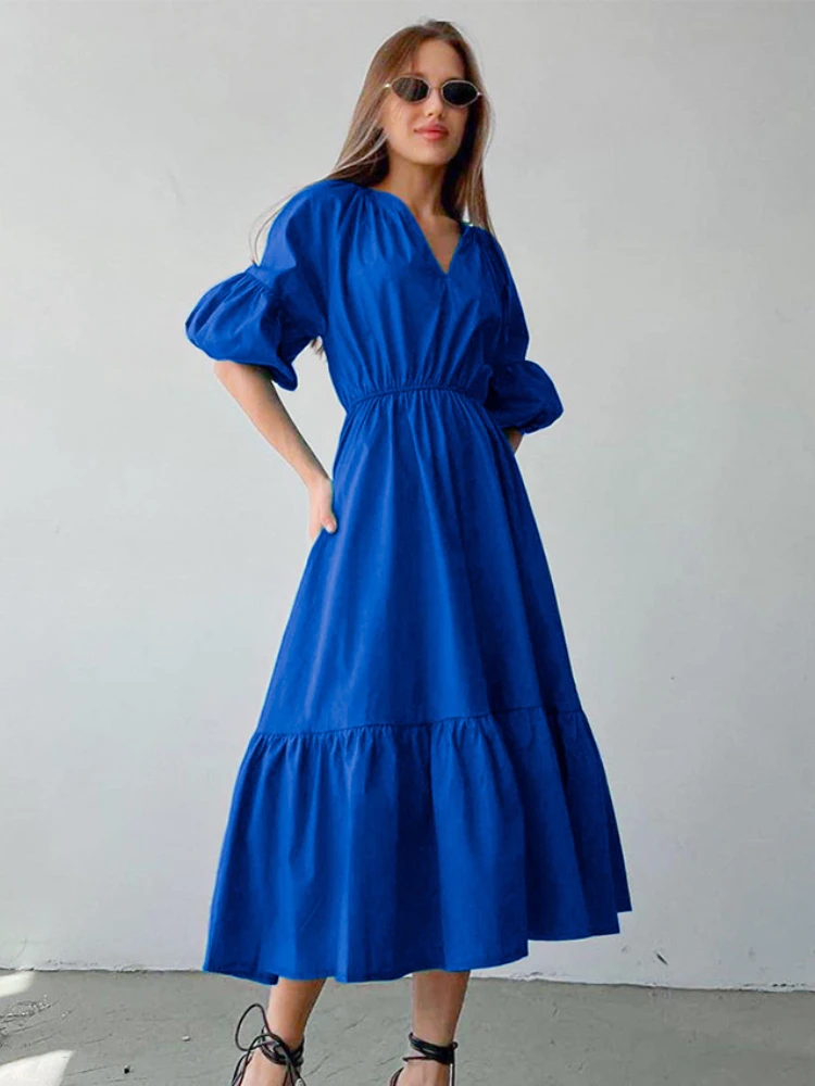 

Summer new fashion ladies V-neck puff sleeves pleated solid color A-line skirt casual commuting dress for women dresses women