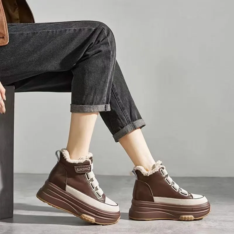 

Fujin 7cm High Platform Shoes Wedge Sneakers Chunky Shoes Platform for Women Genuine Leather Women Casual Shoes Winter Fur Flats