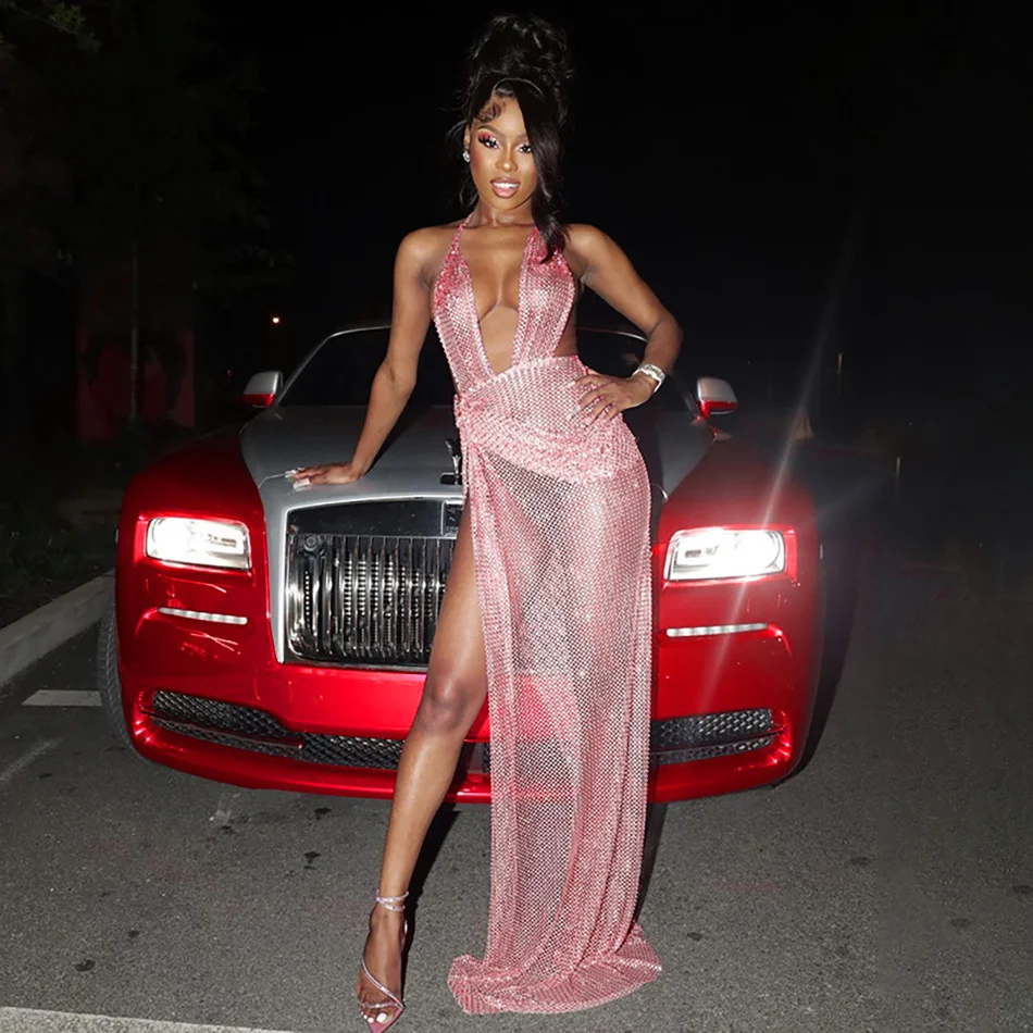 

Pink Glitter Fishnet Long Dress Summer Sexy Lace Up Halter Deep V Neck Backless Mesh Cut Out Dress