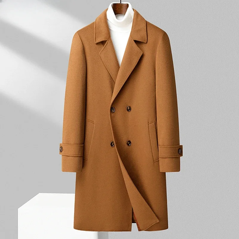 

2023 Winter New Men Wool Coat Long Below The Knee Loose Thick Woolen Outwear Fashion Casual Suit Collar Double-breasted Outcoat