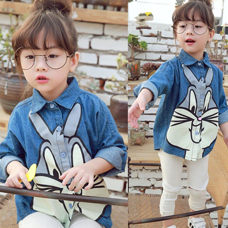 

Children's Clothing Girl Long Sleeve Tops Shirt Cute Cartoon Rabbit Print Shirt Kids Fashion Imitation Cowboy Coat Girls Blouse