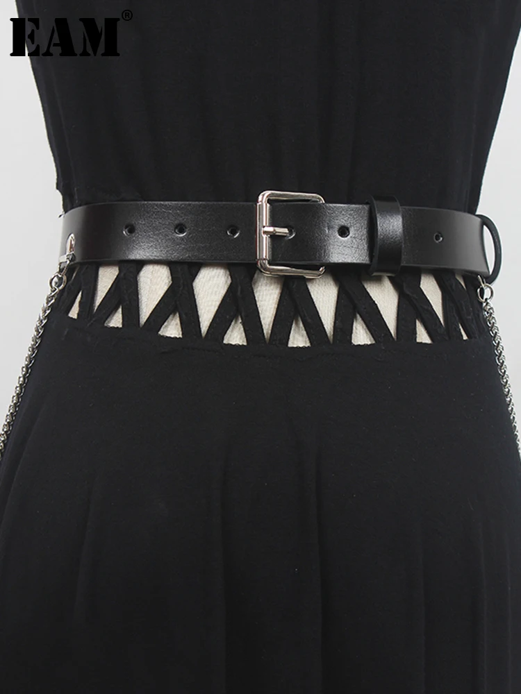 

[EAM] Pu Leather Black Mental Chain Buckle Wide Belt Personality Women New Fashion Tide All-match Spring Autumn 2022 1DE6174