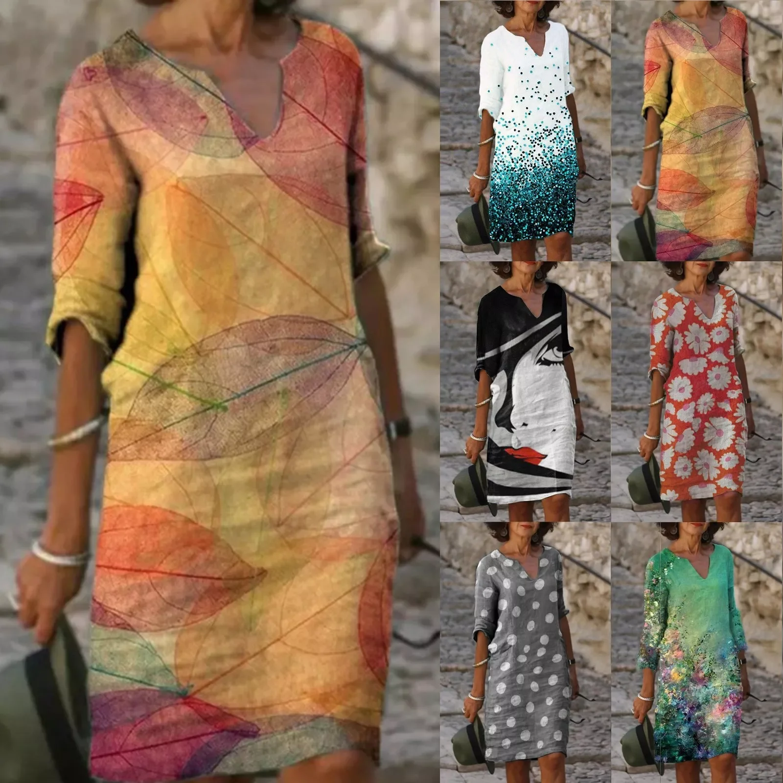 

NEW IN 2022 Fashion Dress Retro Printing Dresses Women Summer Dress Sexy V-neck Costume Female Clothes Short Sleeve Comfy Dress