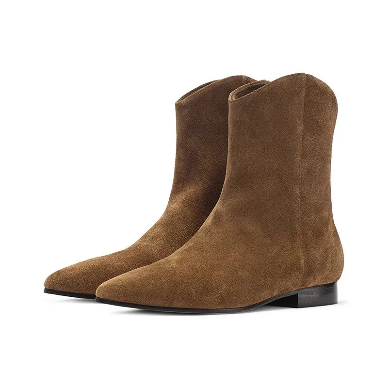 Женские замшевые ботильоны модные пикантные туфли с острым носком женские