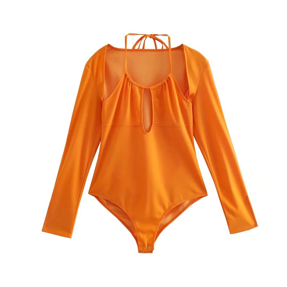 

Женская одежда, новый модный открытый комбидресс с лямкой на шее, винтажный комбидресс с V-образным вырезом и длинными рукавами, оранжевый ж...