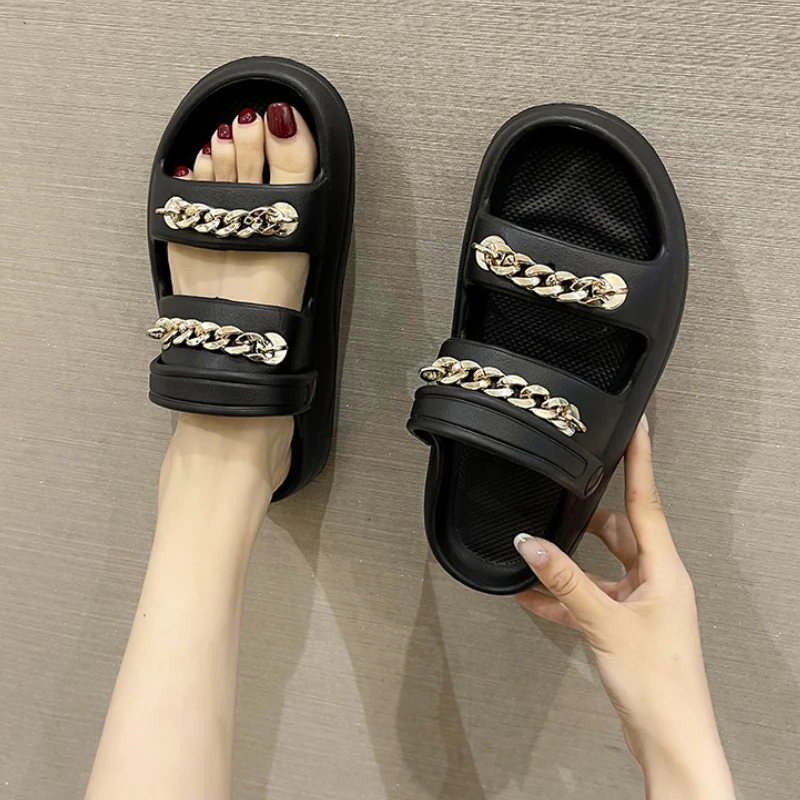 Women's Fashion Outdoor Slides Chains Decor 2023 Summer New Sandals EVA Soft Thick Bottom Non-slip Slippers Leisure Beach Shoes