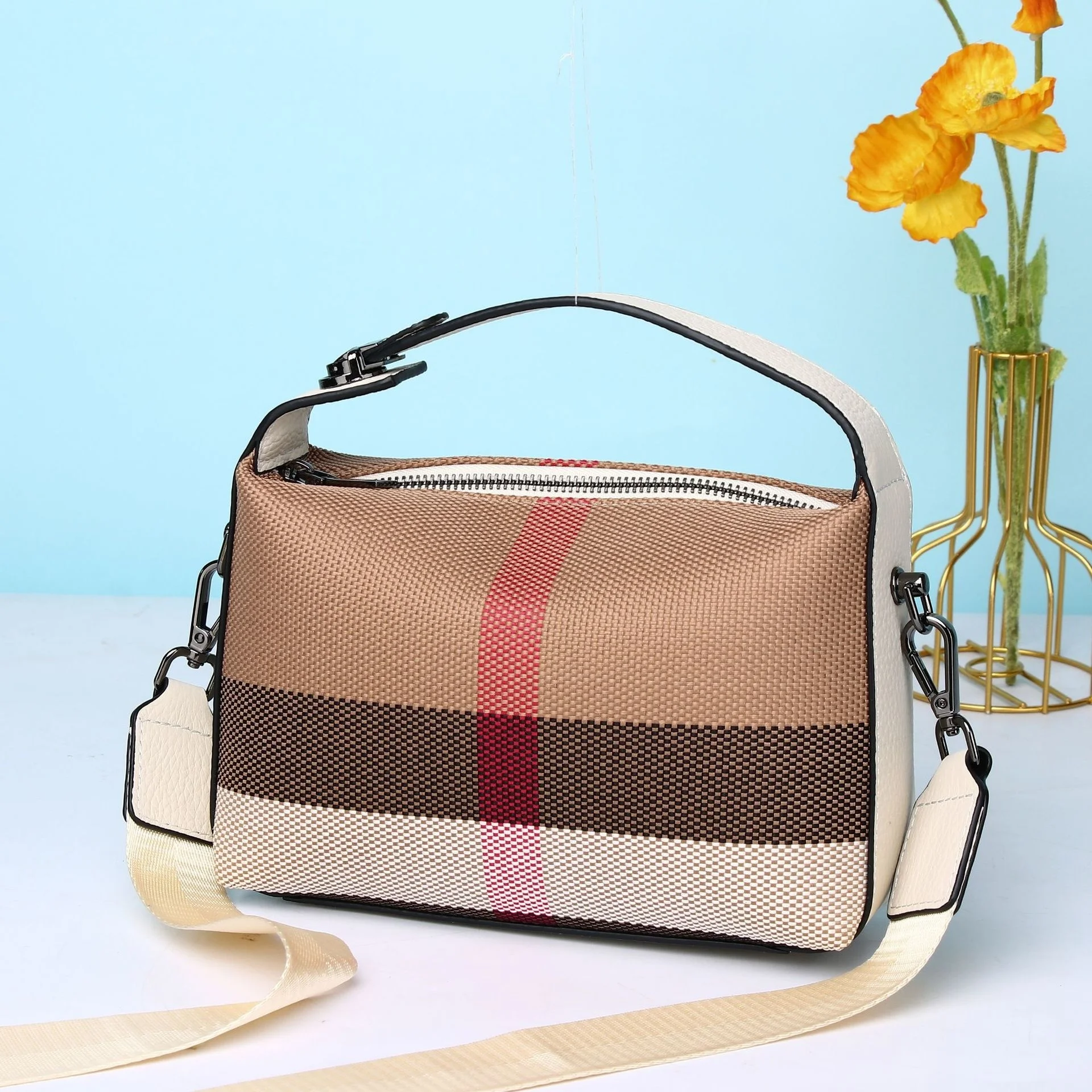 New Luxury Plaid Canvas Women's Bag Fashion Lock Top Handle Genuine Leather Female Tote Handbag Retro Small Messenger Crossbody