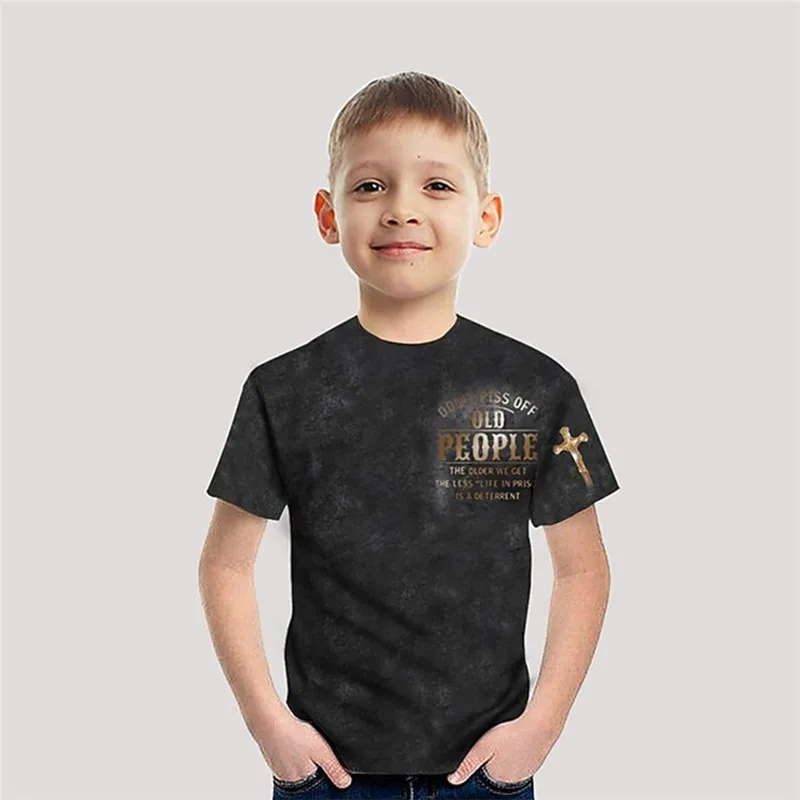 

2022 Summer New Kids Boys Camiseta de manga corta Letras de impresión 3D Cuello redondo Verde Negro Gris claro Top para niños Pr